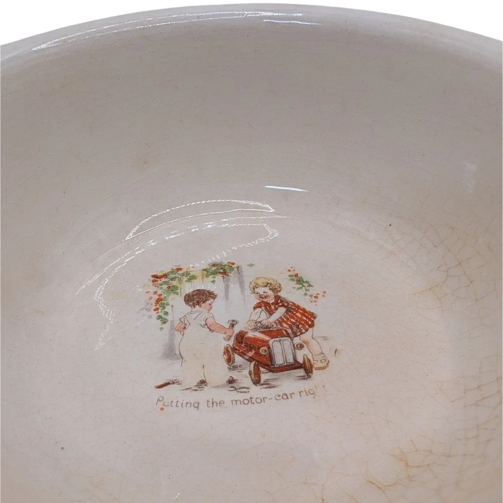 Antique Putting The Motor Car Right Childs Porcelain Bowl Red Trim Cereal Soup